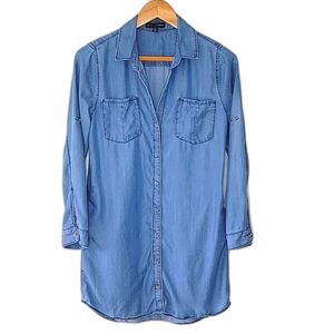 AQUA Blue 100% Tencel Long Sleeve Collared Shirt Dress size XS Pockets
